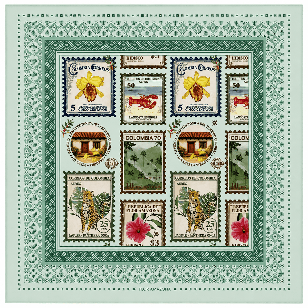 Foulard Estampillas Colombia Mint Flor Amazona by CosaLinda