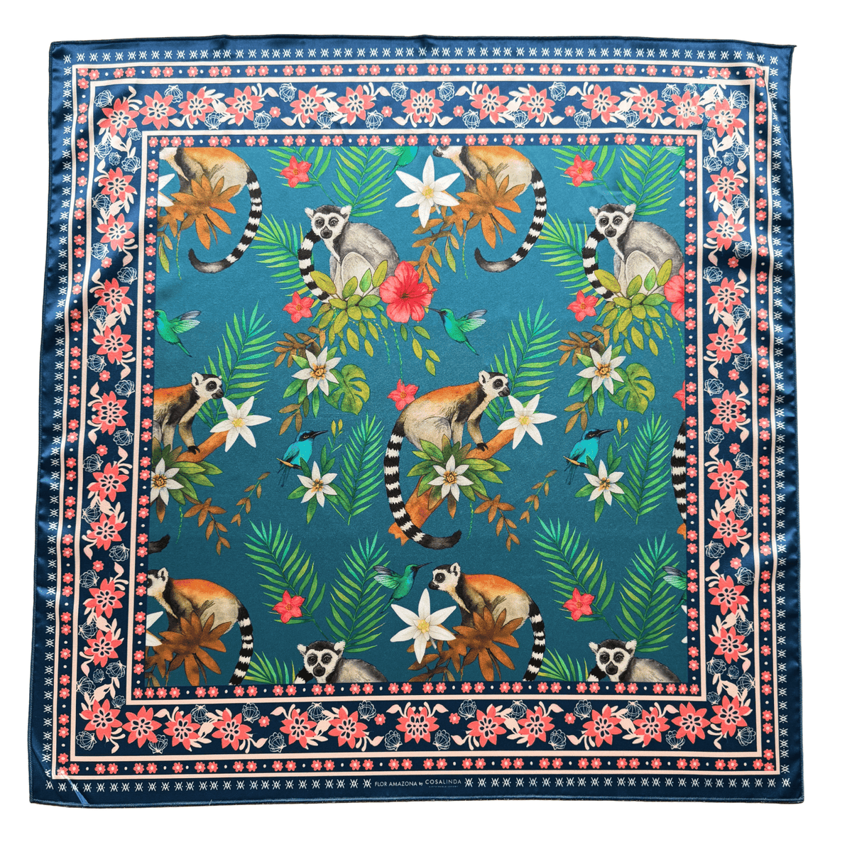 Grüner Foulard mit tropischem Lemuren-Motiv aus Polyester